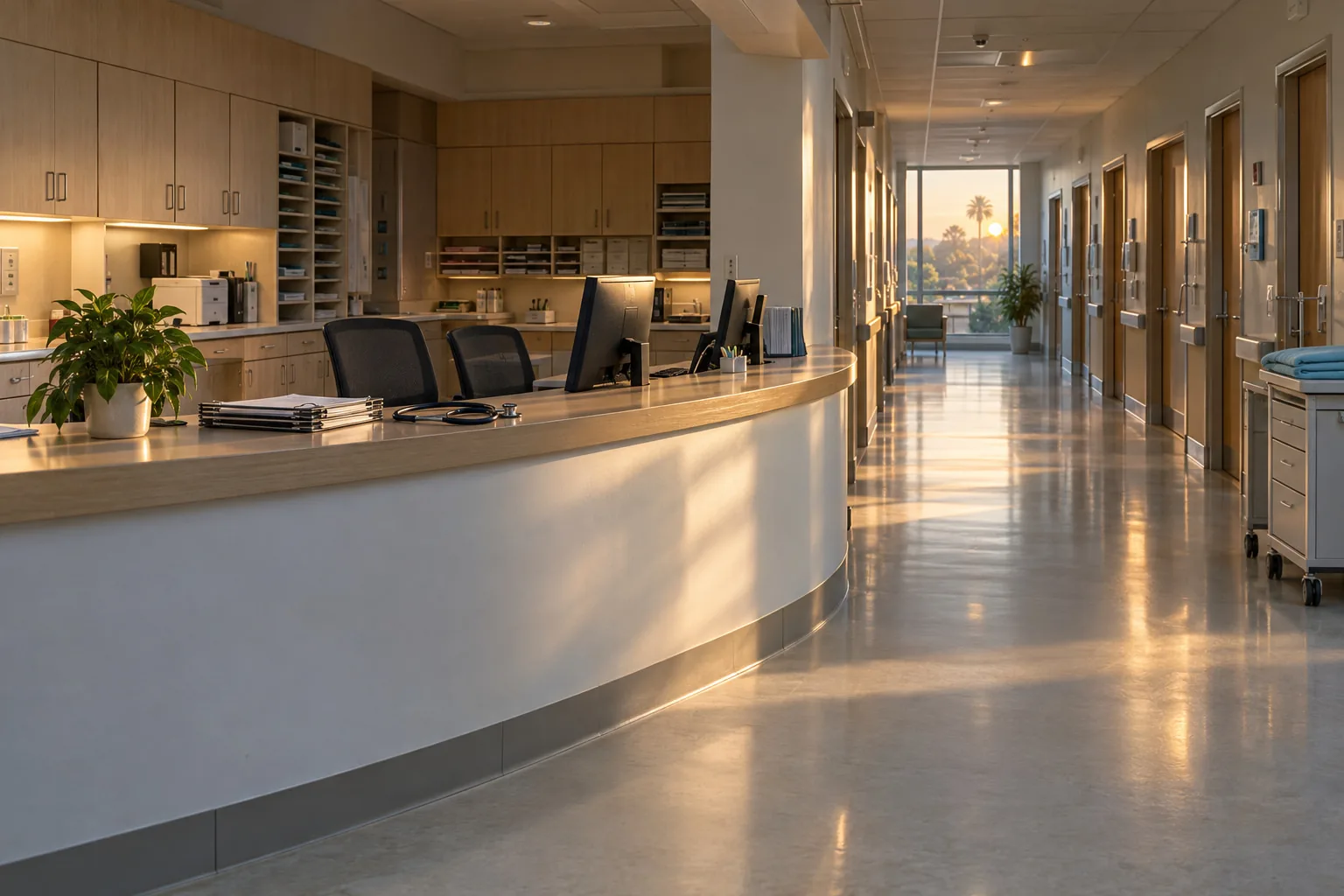 A hospital nurses station at dawn before the day shift, a quiet corridor of closed rooms beyond.