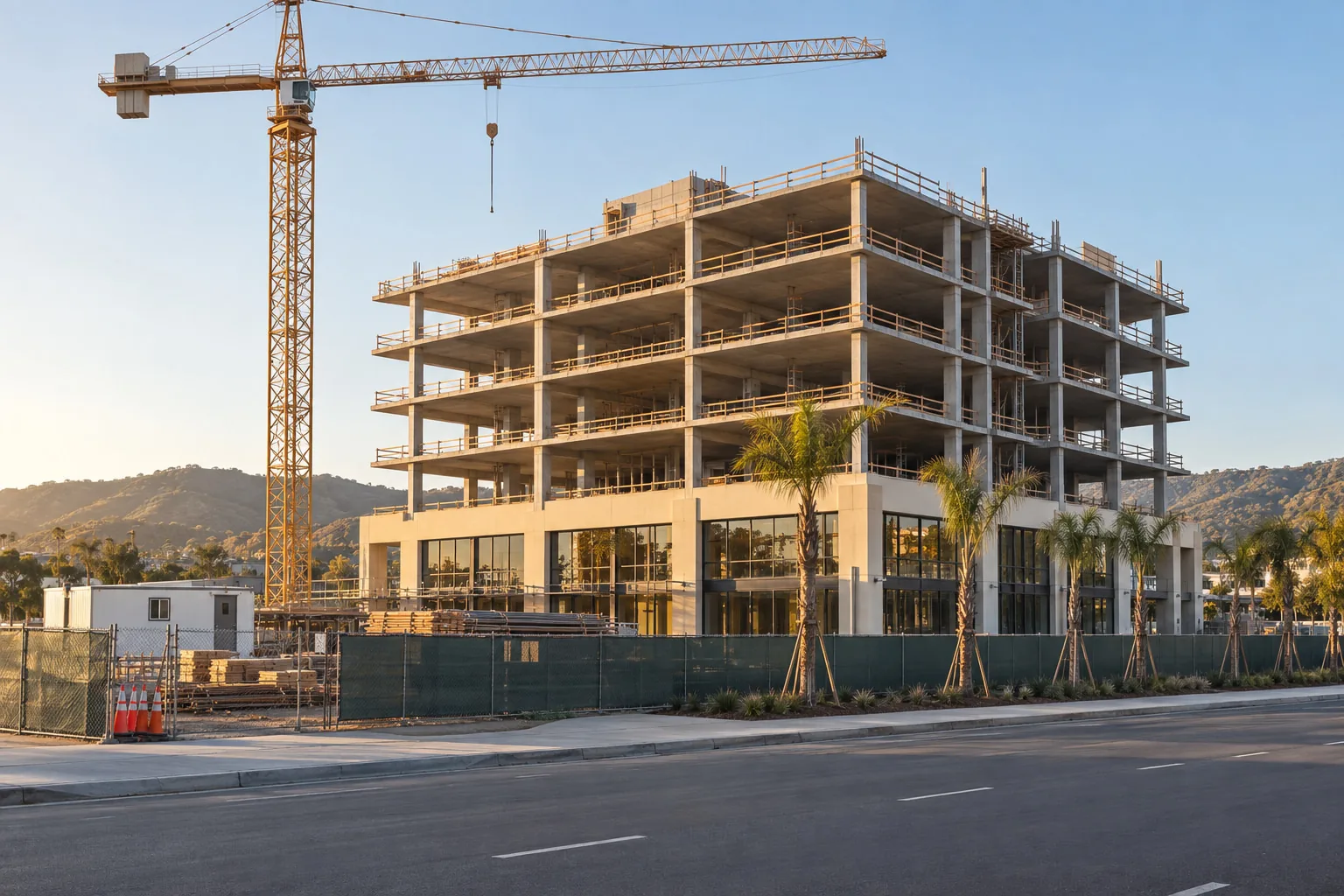 A new mid-rise building going up, its concrete frame complete, a tower crane beside it.