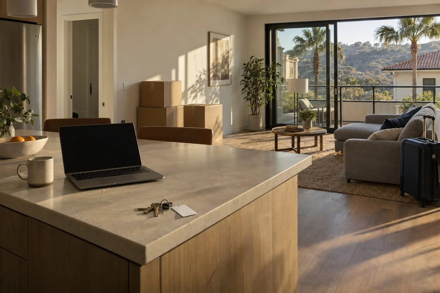 A new apartment in Irvine in its first week, moving boxes still taped, palms outside.