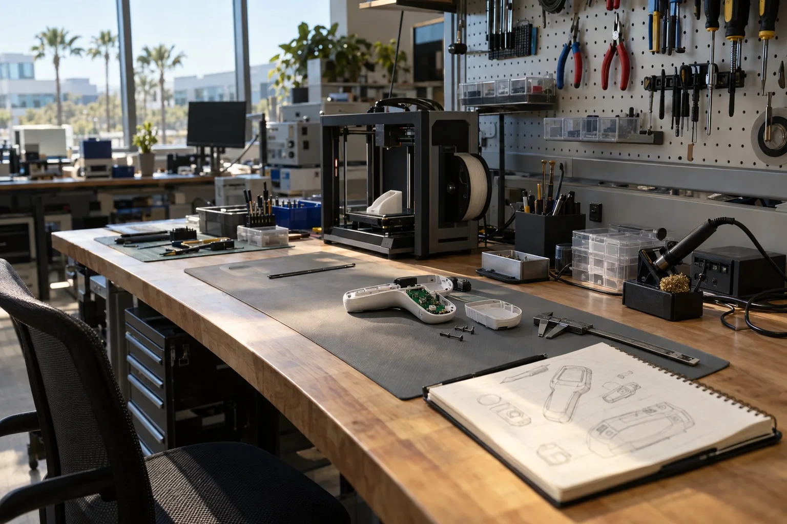 An engineering workbench with a medical-device prototype opened up beside its sketches.